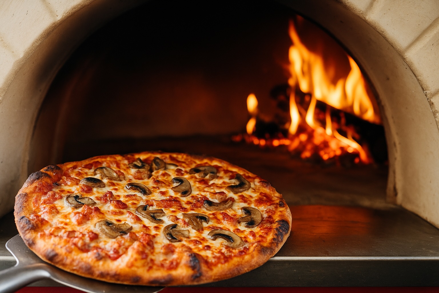 Mushroom pizza out of fire wood oven