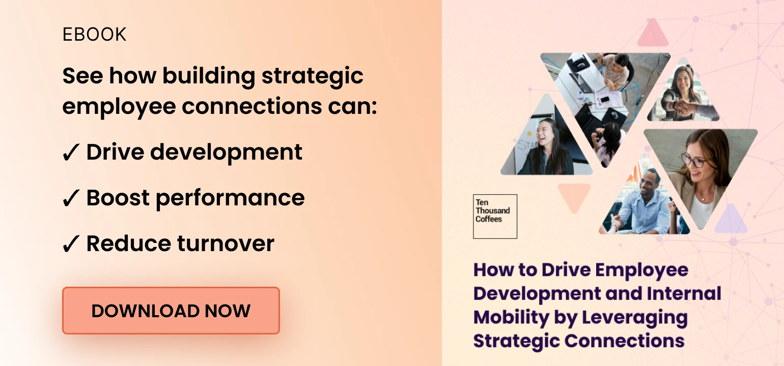 Clickable image to download employe connection solution ebook, titled "How to Drive Employee Development and Internal Mobility with Strategic Employee Connections."
