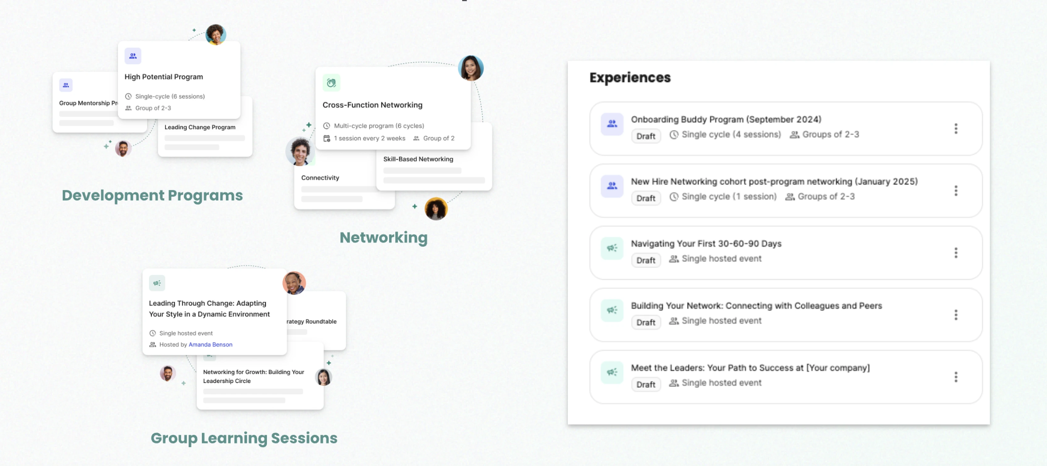 10KC Onboarding product screenshot showcasing Development Programs, Networking, and Group Learning Sessions for new hires or onboarding buddy programs.