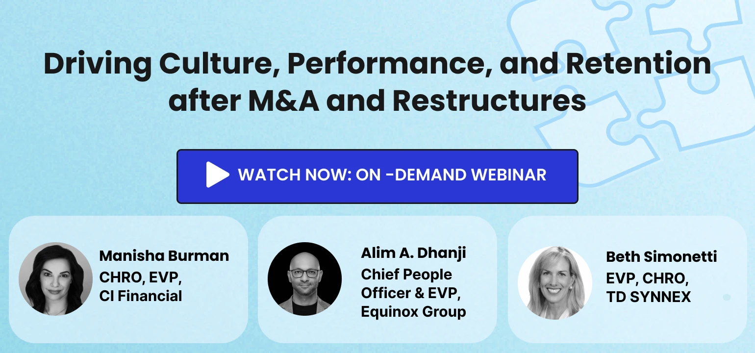 Clickable image to view on-demand webinar about sharing institutional knowledge during culture integrations, titled "Driving Culture, Performance, and Retention after M&A and Restructures."