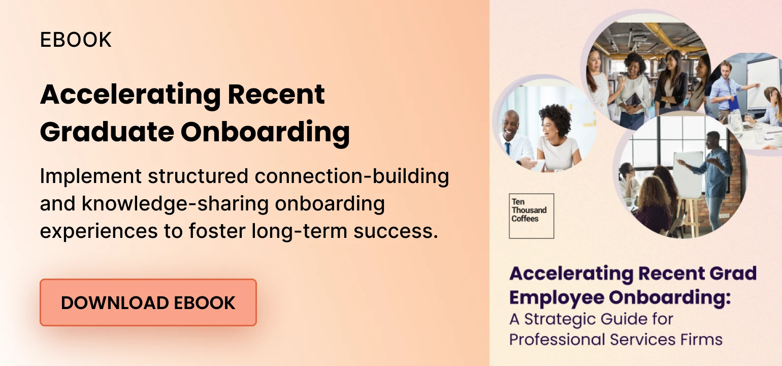 Clickable image to download ebook about sharing institutional knowledge with new hires, titled "Accelerating Recent Grad Employee Onboarding: A Strategic Guide for Professional Service Firms"