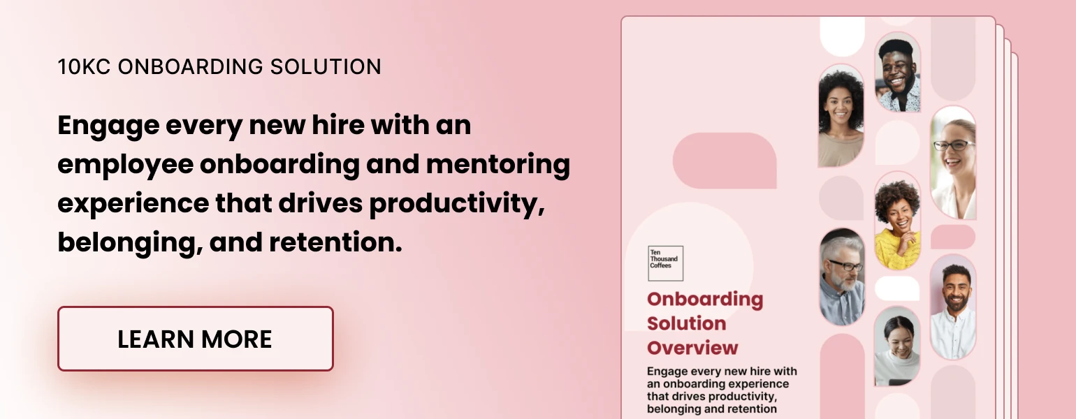 Clickable image to download ebook and address poor onboarding, with text "10KC Onboarding Solution. Engage every new hire with an employee onboarding experience that drives productivity, belonging, and retention."