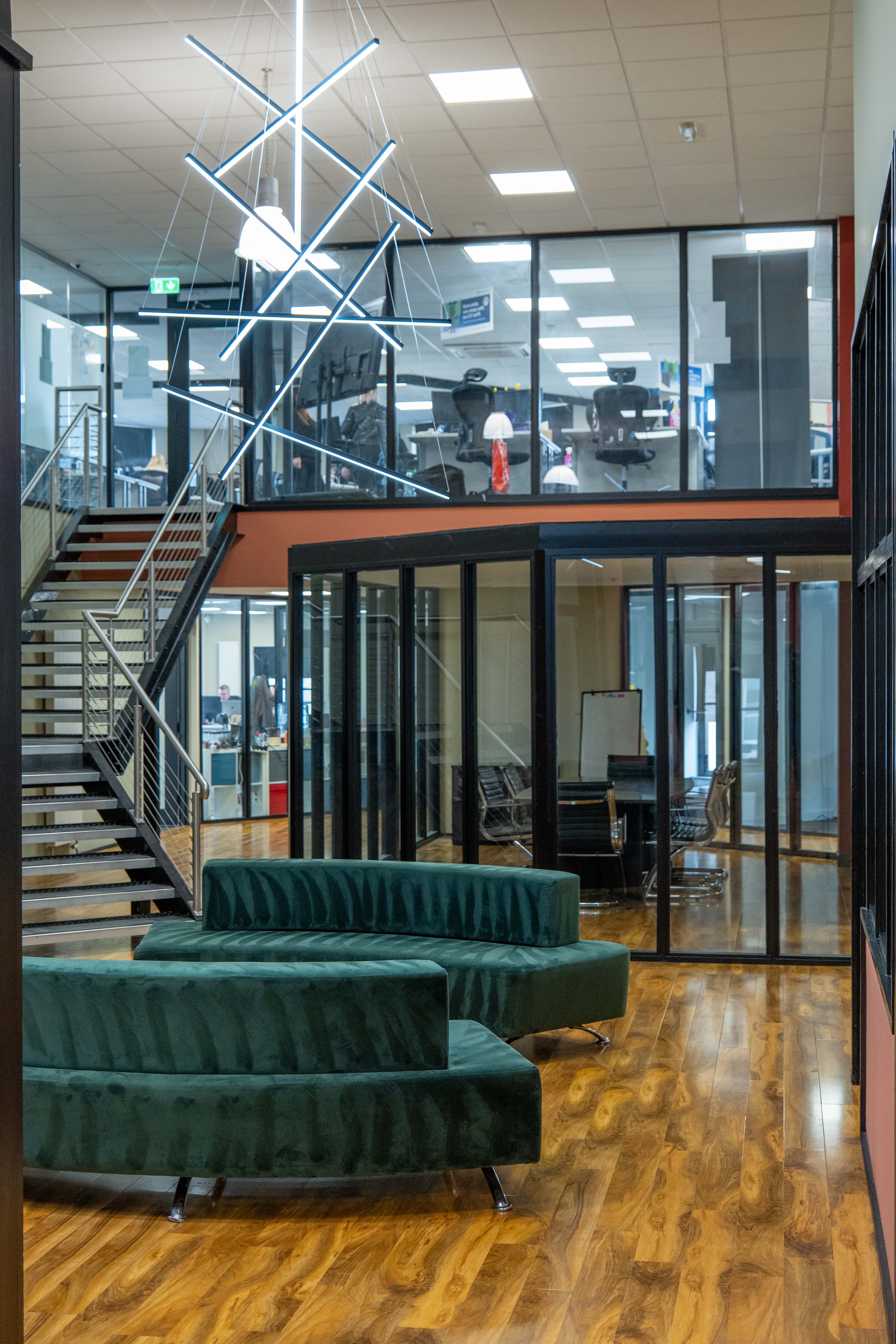 A closeup shot of a breakout space at Corespace Kilmarnock with modern furniture and bright decor
