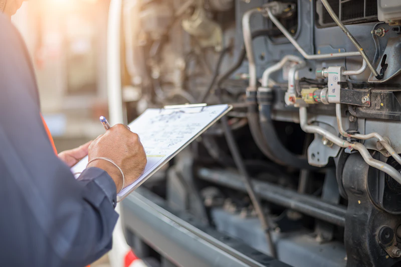 Mechanic with clipboard doing a vehicle inspection