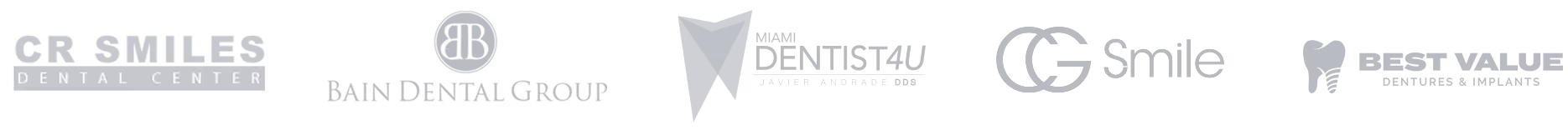 Logos of five dental partner organizations: CR Smiles Dental Center, Bain Dental Group, Miami Dentist4U Javier Andrade DDS, CG Smile, and Best Value Dentures & Implants.