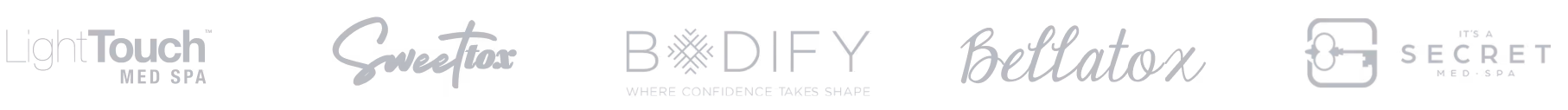 Logos of med spa brands: LightTouch MED SPA, Sweettox, BODIFY with tagline 'WHERE CONFIDENCE TAKES SHAPE', Bellatox, and IT'S A SECRET MED SPA.
