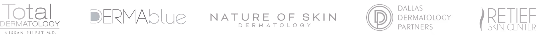 Logos of dermatology partners including Total Dermatology, DERMABlue, Nature of Skin Dermatology, Dallas Dermatology Partners, and Retief Skin Center.
