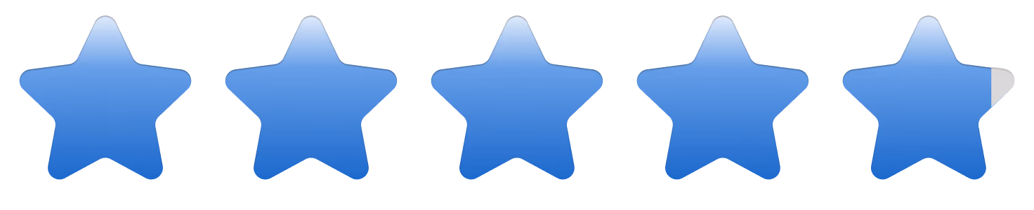 Five blue stars rating with four full stars and one star partially filled.
