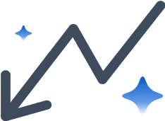 Blue downward trending arrow zigzagging with two blue sparkles around it.