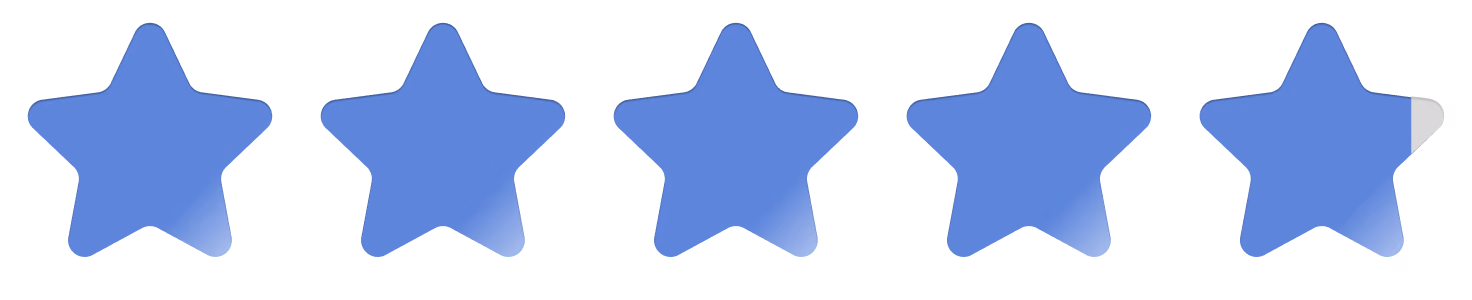 Five blue star rating graphic with the last star partially filled.