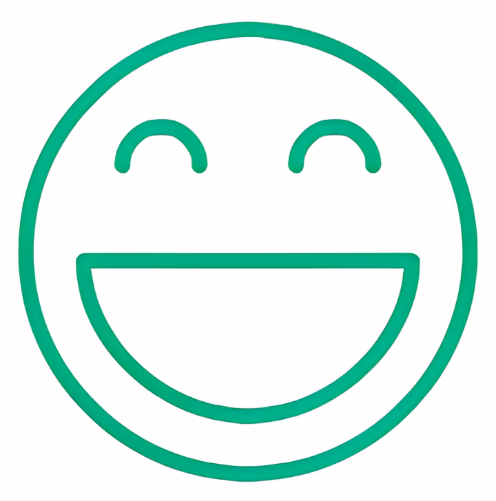 Green outlined smiling face emoji with eyes closed and wide open mouth.