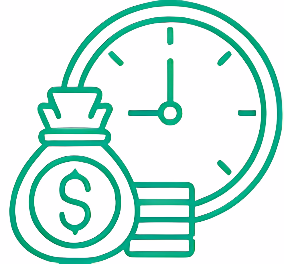 Green outline of a money bag with a dollar sign, coins, and a clock showing 9:00.
