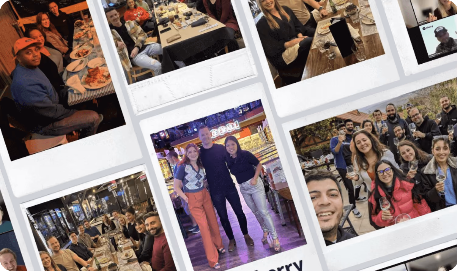 Collage of diverse groups of people enjoying meals, drinks, and social activities together.