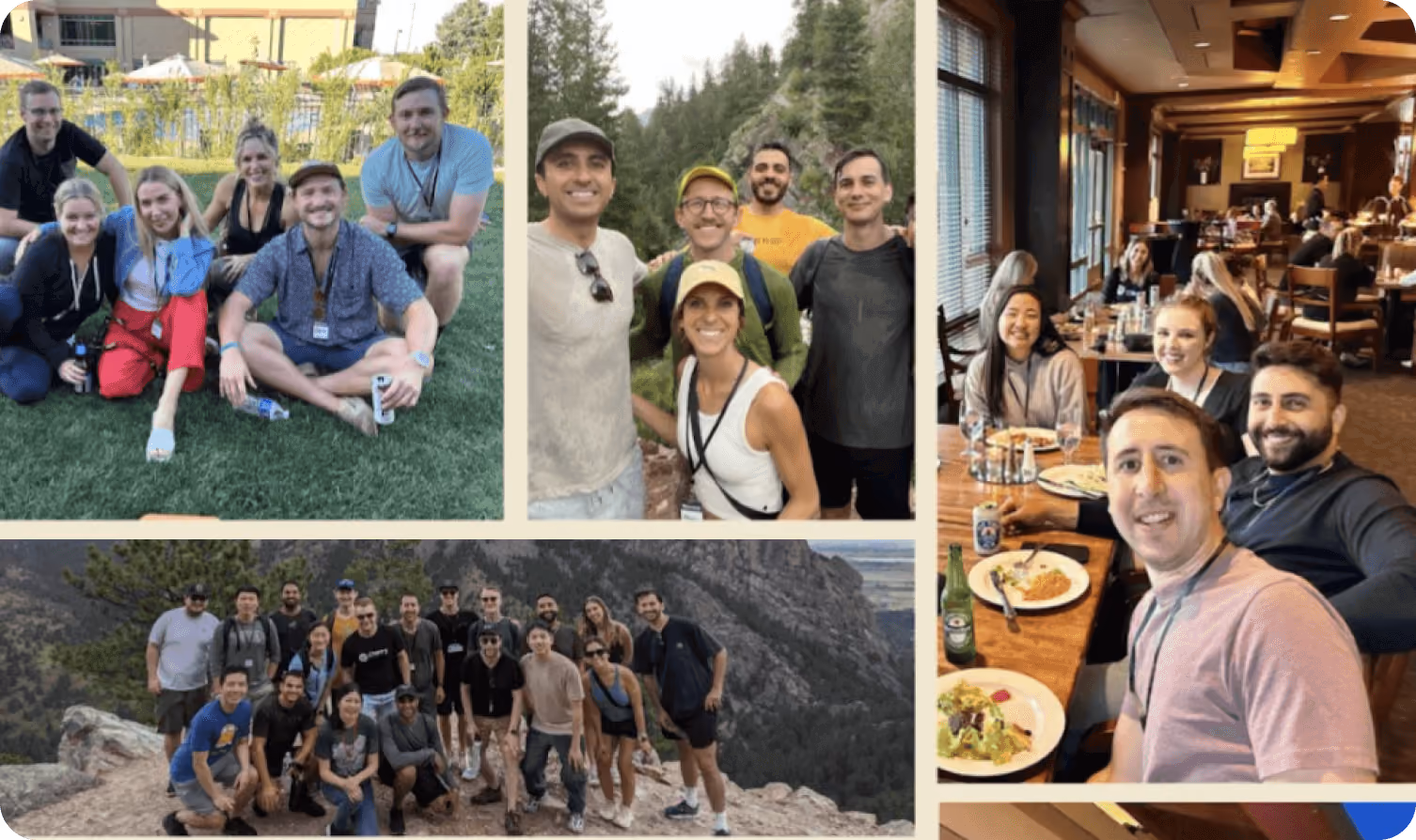 Collage of groups of people enjoying outdoor activities and a meal indoors, with scenes of hiking, relaxing on grass, and dining together.