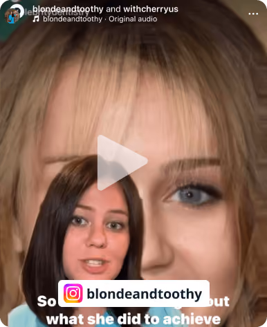 Instagram video preview showing a woman with short dark hair speaking in front of a close-up image of a blonde woman's face with blue eyes.