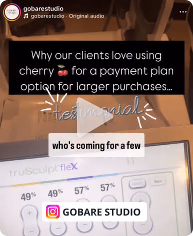 Instagram story from gobarestudio highlighting client testimonials praising Cherry as a payment plan option for larger purchases, with a device screen showing truSculpt flex controls.