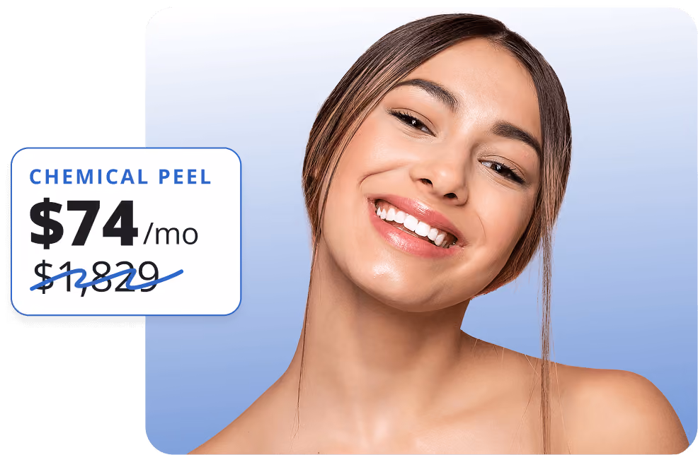 Smiling woman with clear skin alongside a pricing box advertising chemical peels at $74 per month, reduced from $1,829.