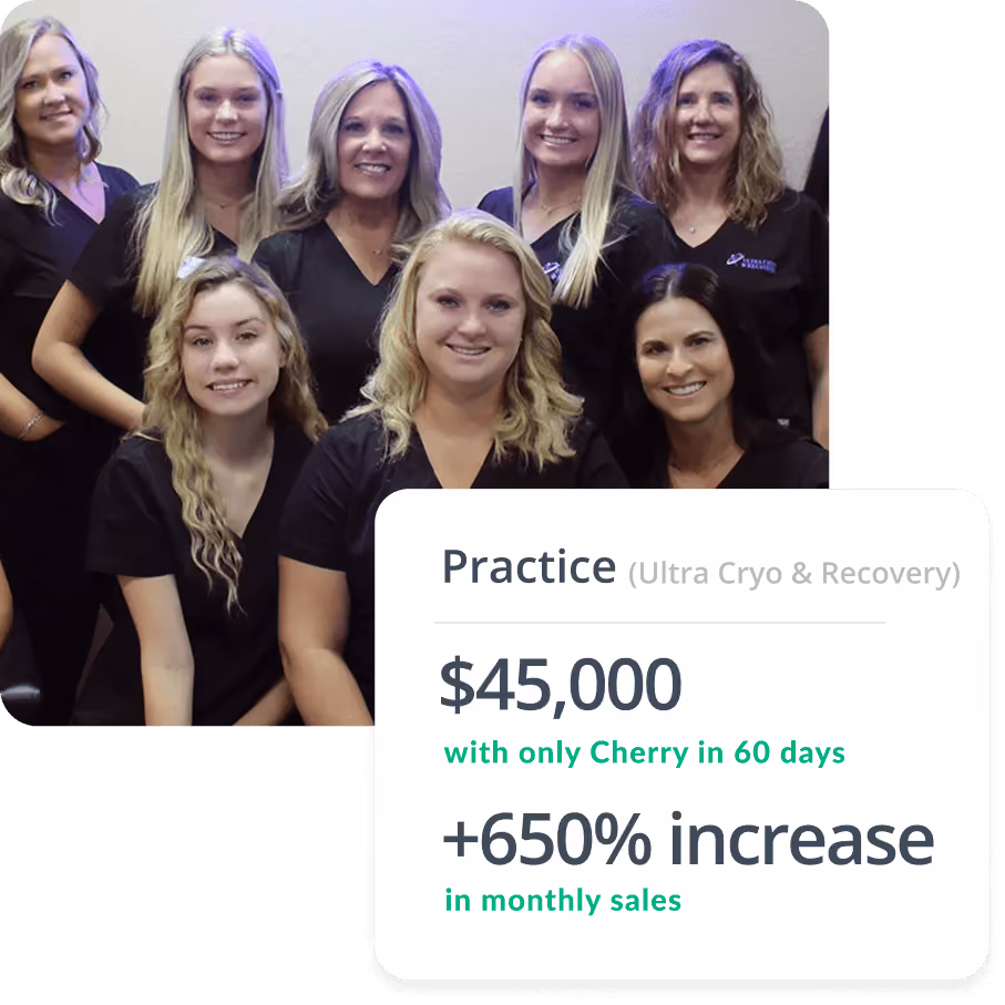 Group of eight smiling women in black uniforms with text showing Ultra Cryo & Recovery practice's $45,000 revenue with Cherry in 60 days and 650% increase in monthly sales.