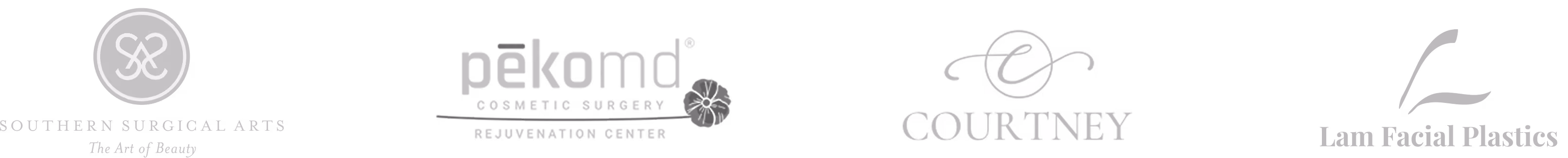 Logos of four plastic surgery partners: Southern Surgical Arts with the tagline 'The Art of Beauty', Pekora Cosmetic Surgery Rejuvenation Center with a flower icon, Courtney, and Lam Facial Plastics with a stylized 'L' symbol.