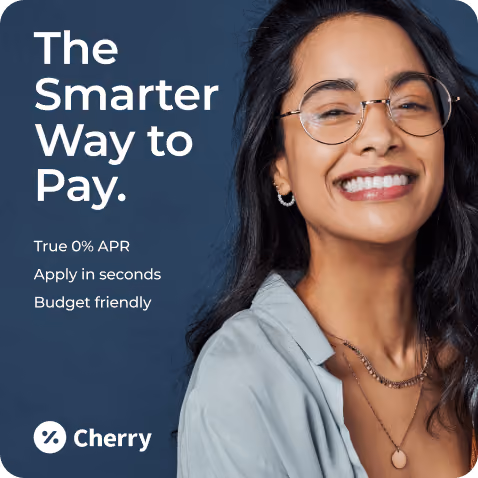 Smiling woman with glasses on a dark blue background with white text reading 'The Smarter Way to Pay. True 0% APR, Apply in seconds, Budget friendly' and a Cherry logo in the bottom left corner.