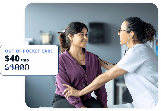 A healthcare professional wearing glasses and a white coat uses a stethoscope to examine a smiling woman in a purple shirt sitting on an exam table, with a price tag showing discounted out-of-pocket care at $40 per month.