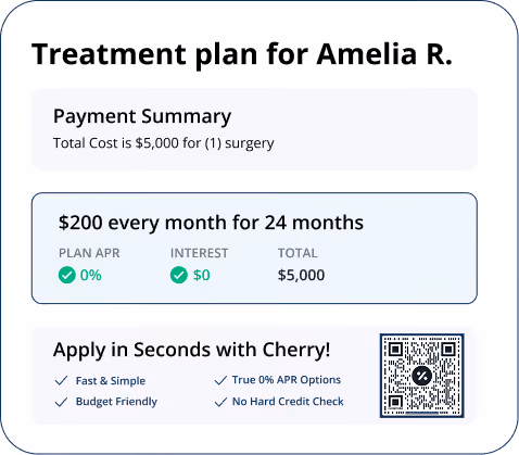 Treatment plan summary for Amelia R. showing total cost of $5,000 for one surgery, payment plan of $200 every month for 24 months with 0% APR and $0 interest, and an option to apply quickly with Cherry featuring fast, simple, budget-friendly, true 0% APR options, and no hard credit check, alongside a QR code.