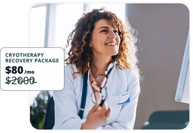 Smiling female healthcare professional with curly hair wearing a white lab coat and stethoscope, seated near a window, alongside a promotional text offering a Cryotherapy Recovery Package for $80 a month, reduced from $2000.