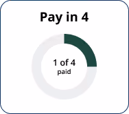 Circular progress chart labeled 'Pay in 4' showing 1 of 4 payments paid with one quarter of the circle filled in green.
