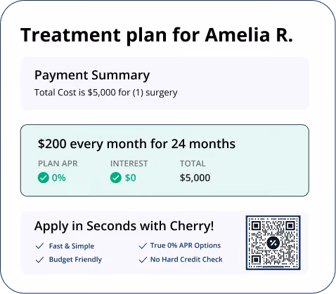 Treatment plan for Amelia R. showing a payment summary of total $5,000 for one surgery. Monthly payment is $200 for 24 months with 0% APR and no interest. An invitation to apply quickly with Cherry includes benefits like fast and simple process, budget-friendly options, true 0% APR, no hard credit check, alongside a QR code.