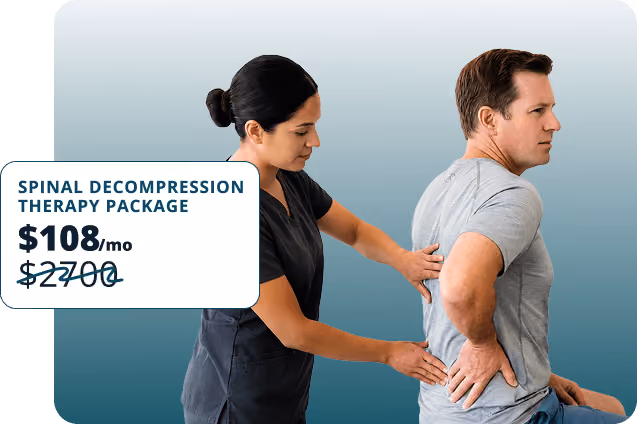 A therapist wearing scrubs performs spinal decompression therapy on a seated man by placing hands on his lower back, with a pricing box showing a spinal decompression therapy package for $108 per month, marked down from $2700.