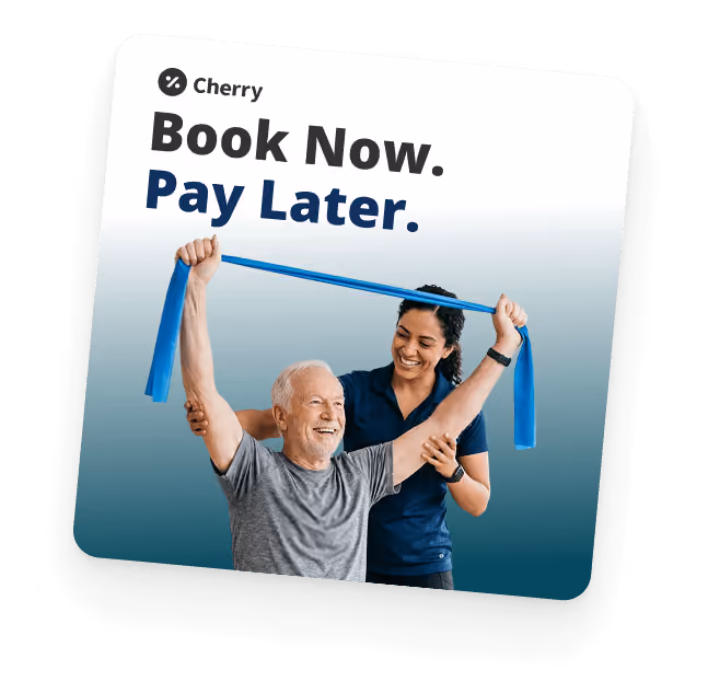 An elderly man doing arm exercises with a blue resistance band assisted by a smiling caregiver, with the text 'Cherry Book Now. Pay Later.' above them on a gradient blue background.