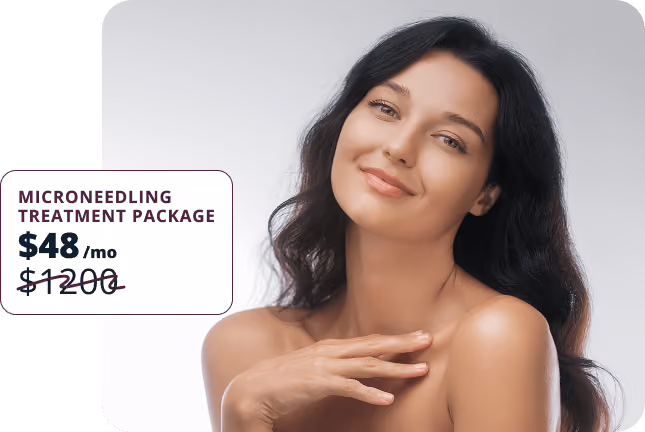 Smiling woman with long dark hair and bare shoulders posing against a neutral background, accompanied by a promotional text box offering a microneedling treatment package at $48 per month, discounted from $1200.