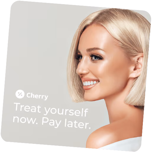 Smiling blonde woman with short hair looking to the right, next to text that says 'Cherry Treat yourself now. Pay later.' on a light gray background.