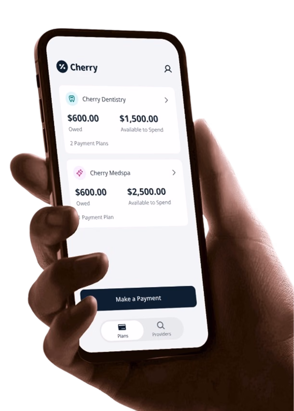 Hand holding a phone showing the Cherry app