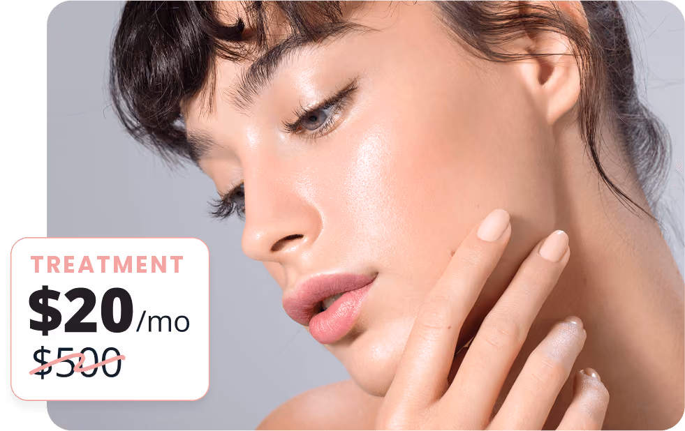 Close-up of a woman with clear, glowing skin touching her cheek gently, with an overlay text showing treatment price at $20 per month, discounted from $500.
