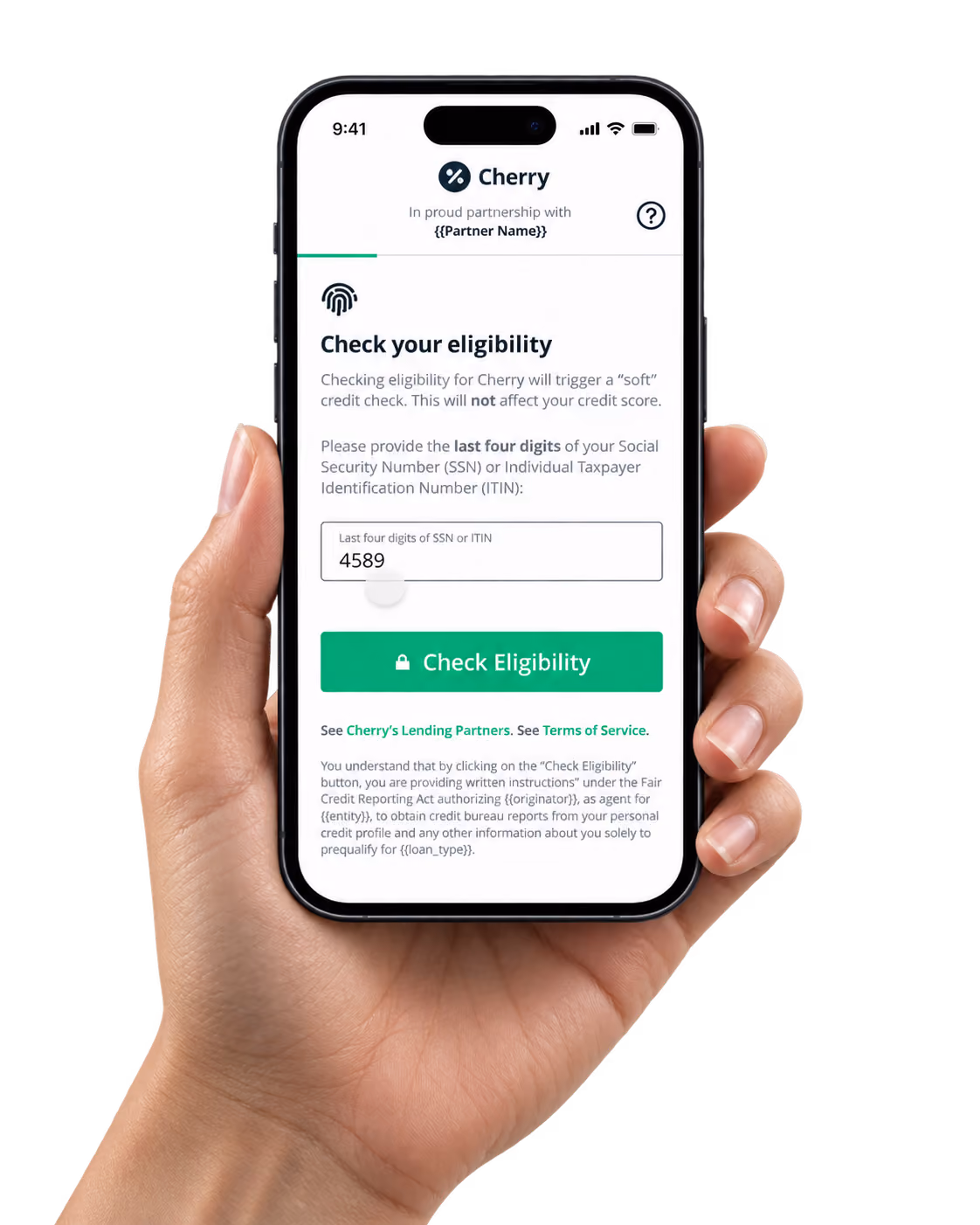 Hand holding a phone showing the Cherry eligibility check