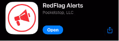 Mobile app icon showing a red megaphone inside a red circular outline on a white rounded square background.