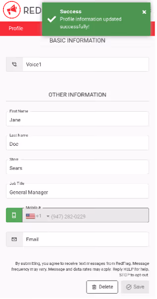 User profile form showing success message 'Profile information updated successfully!' with fields for voice, first name Jane, last name Doe, store Sears, job title General Manager, mobile phone with US flag and partial number, and email, plus Delete and Save buttons.