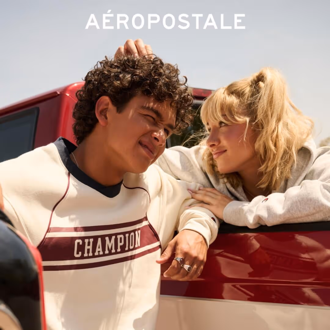 Models wearing vintage-inspired Champion for Aeropostale apparel