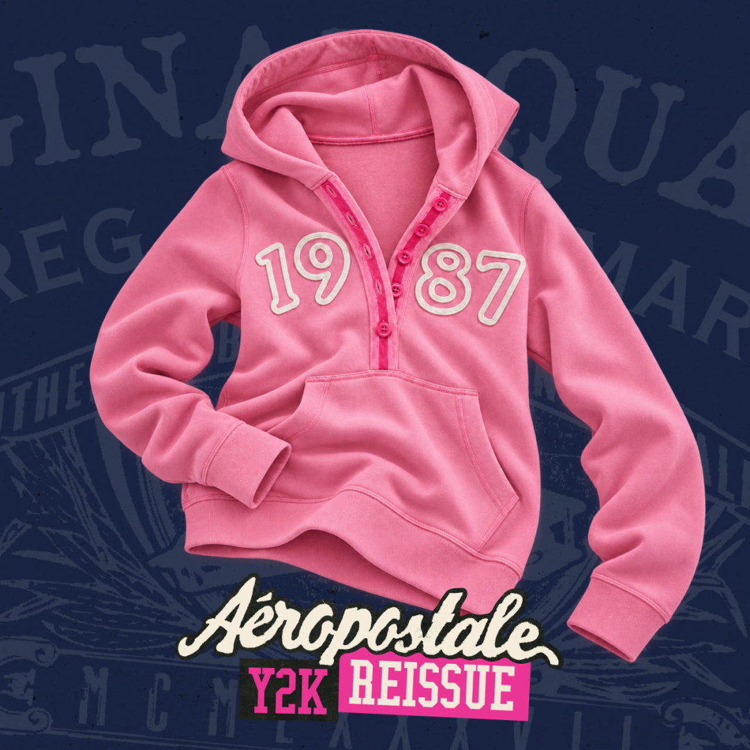 Aéropostale Y2K Reissue pink quarter-snap hoodie with 1987 appliqué lettering