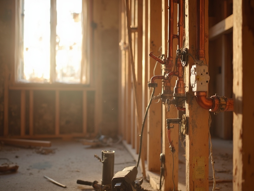 Detail view of a kitchen renovation with exposed copper piping and electrical wiring, contractor's tools in the foreground, lit by warm afternoon light through a dusty window