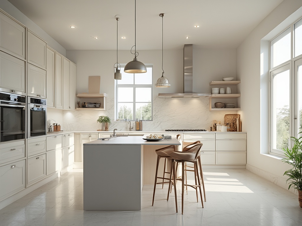 Modern kitchen interior with bright light-colored cabinets, large island, natural light from windows, brushed metal pendant light, high-end stainless steel appliances with morning shadows, shot in 8K resolution
