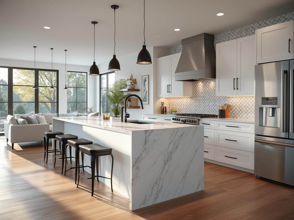 "Modern luxury kitchen with white quartz island, stainless steel appliances, and black hardware, lit by natural light streaming through large windows"