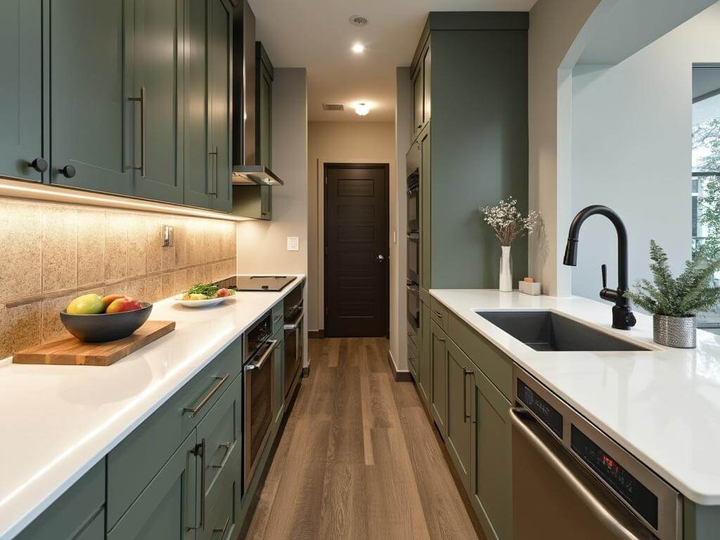 Plano townhouse kitchen design with galley layout