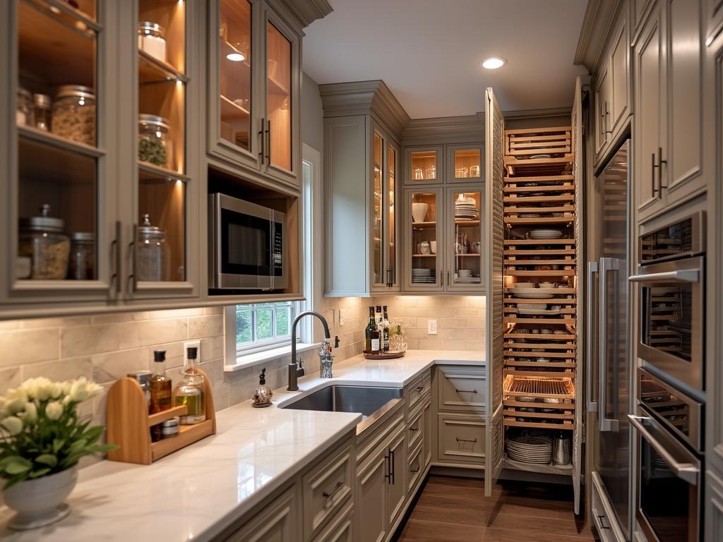 Elegant butler's pantry in a luxury kitchen featuring custom pull-out spice racks and tray organizers, quartz countertops, brushed nickel hardware, integrated LED-lit glass-front cabinets, and seamless built-in microwave and oven.
