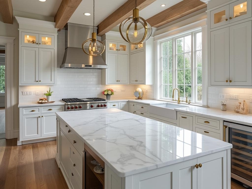 Bright, modern kitchen interior with white marble island, stainless steel appliances, and contemporary pendant lights, featuring a blend of modern and traditional designs