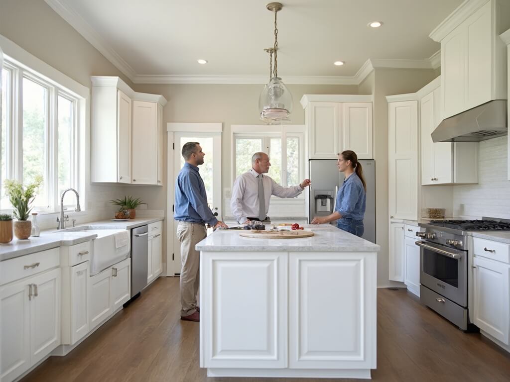 "Contractor discussing renovation plans in a modern, well-lit kitchen featuring white shaker cabinets, quartz waterfall countertops, stainless steel appliances, and subway tile backsplash in Allen, TX."