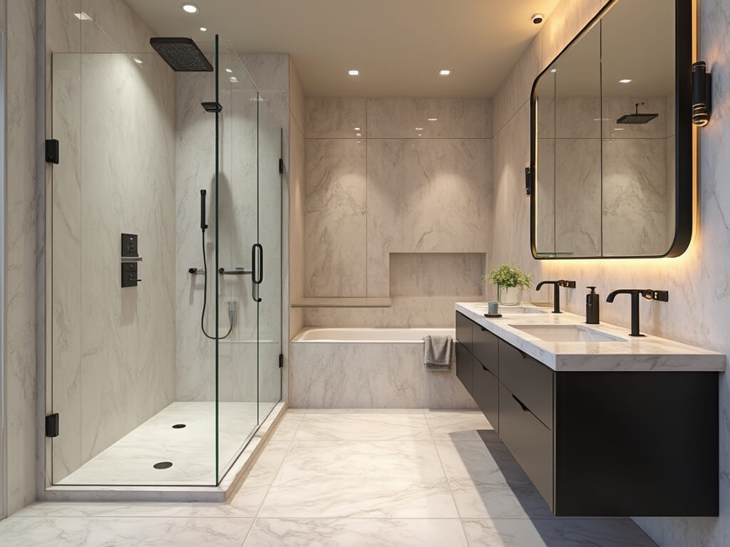 "Modern luxurious bathroom interior with frameless walk-in shower, double vanity, LED mirror, and matte black fixtures in warm tones."