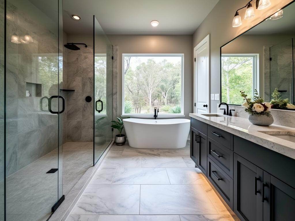 "Modern, luxurious master bathroom in Allen, TX with a spacious walk-in shower, custom double vanity, quartz countertops, porcelain tile flooring, matte black fixtures, custom cabinetry and a freestanding soaking tub under natural light."