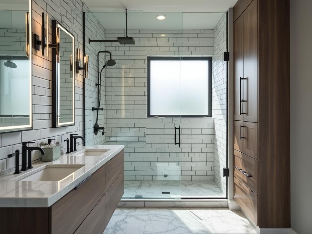 Luxurious modern bathroom with spacious walk-in shower, white subway tile walls, walnut wood double vanity and matte black fixtures lit by natural morning light